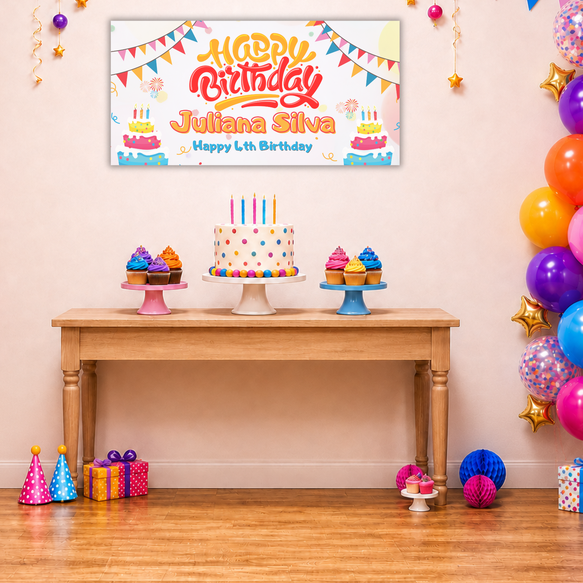 Colorful personalized kids birthday banner displayed above a cake and cupcake dessert table