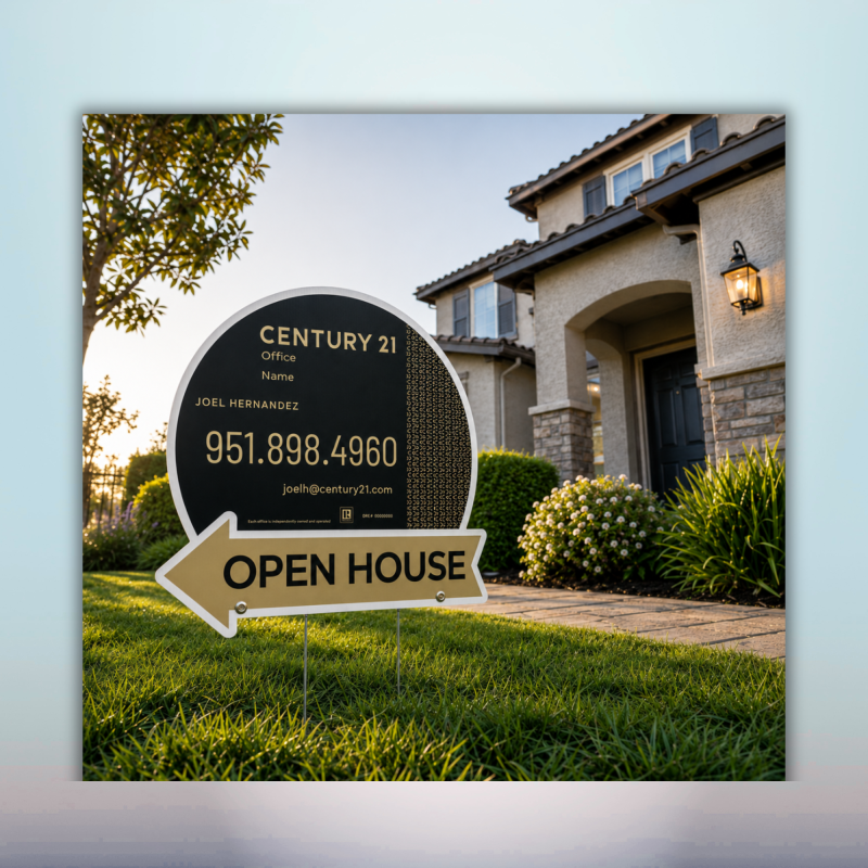 Black and gold custom real estate open house yard sign with directional arrow