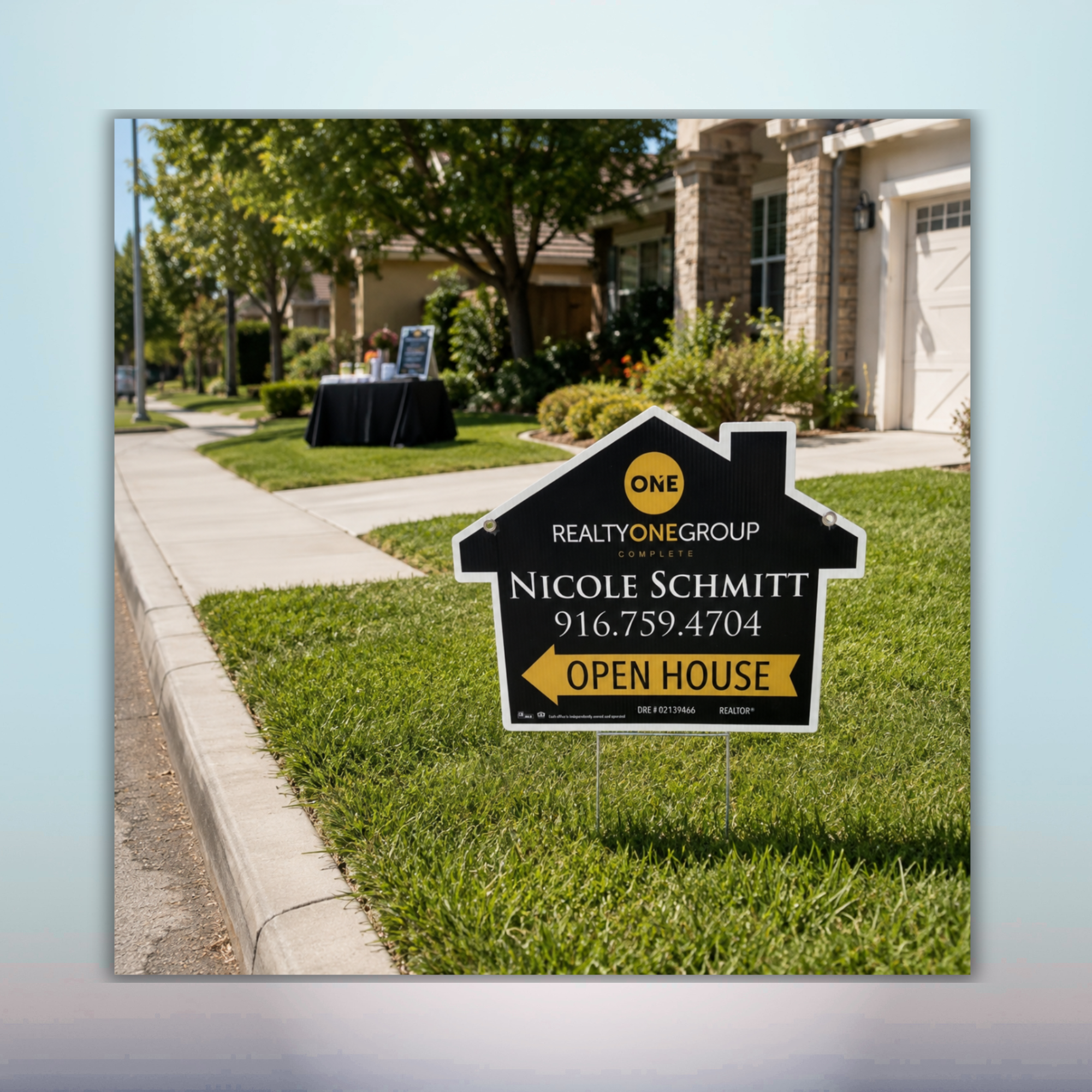 custom-realtor-open-house-yard-sign-oxnard-ca Custom black and gold realtor open house yard sign installed on a residential lawn