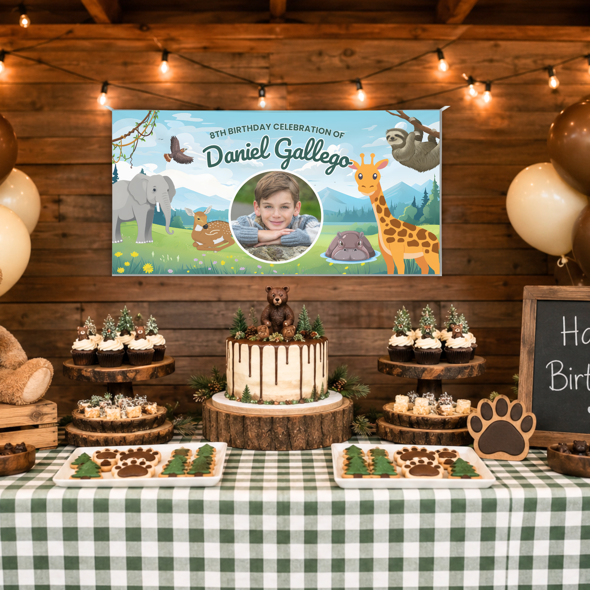 Custom safari kids birthday banner with child’s photo displayed above a woodland-themed dessert table