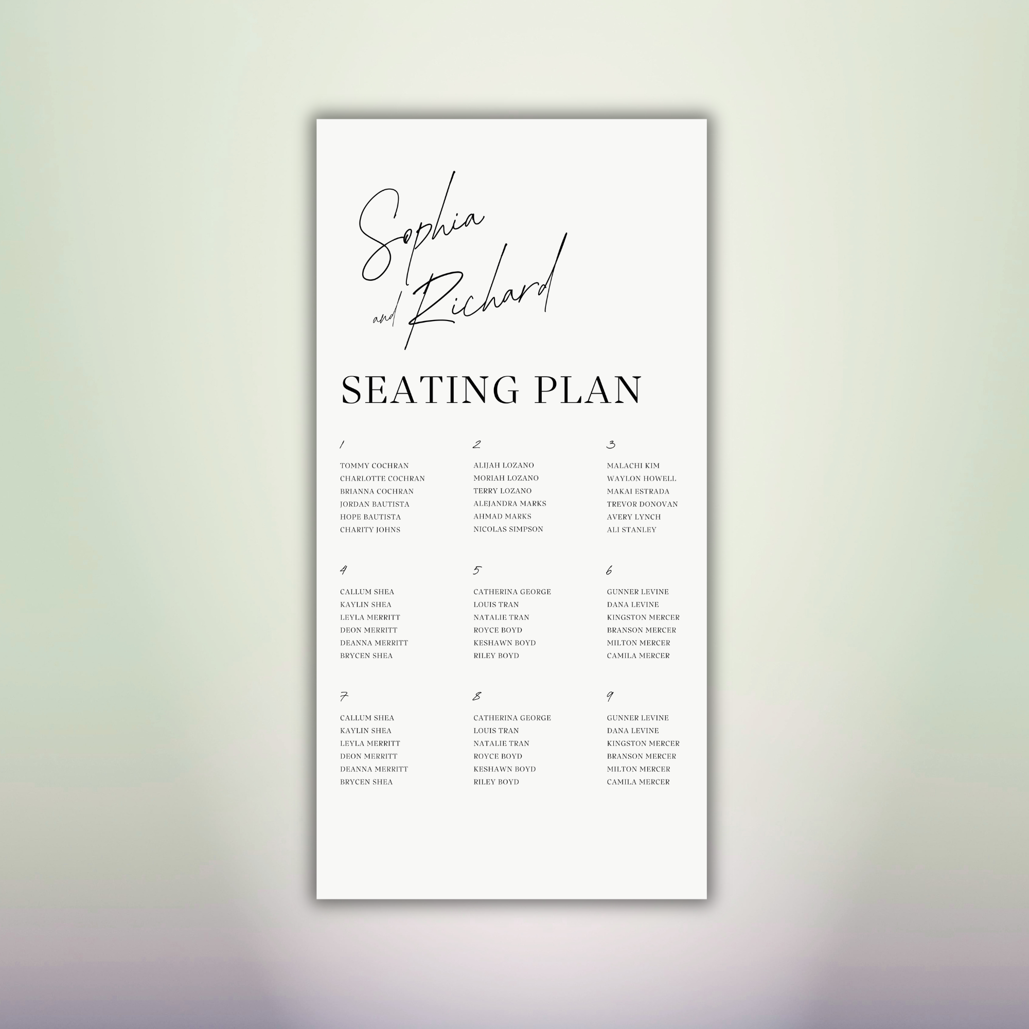 Minimal Black & White Wedding Seating Plan Minimal black and white wedding seating plan with script couple names and guest lists organized by table