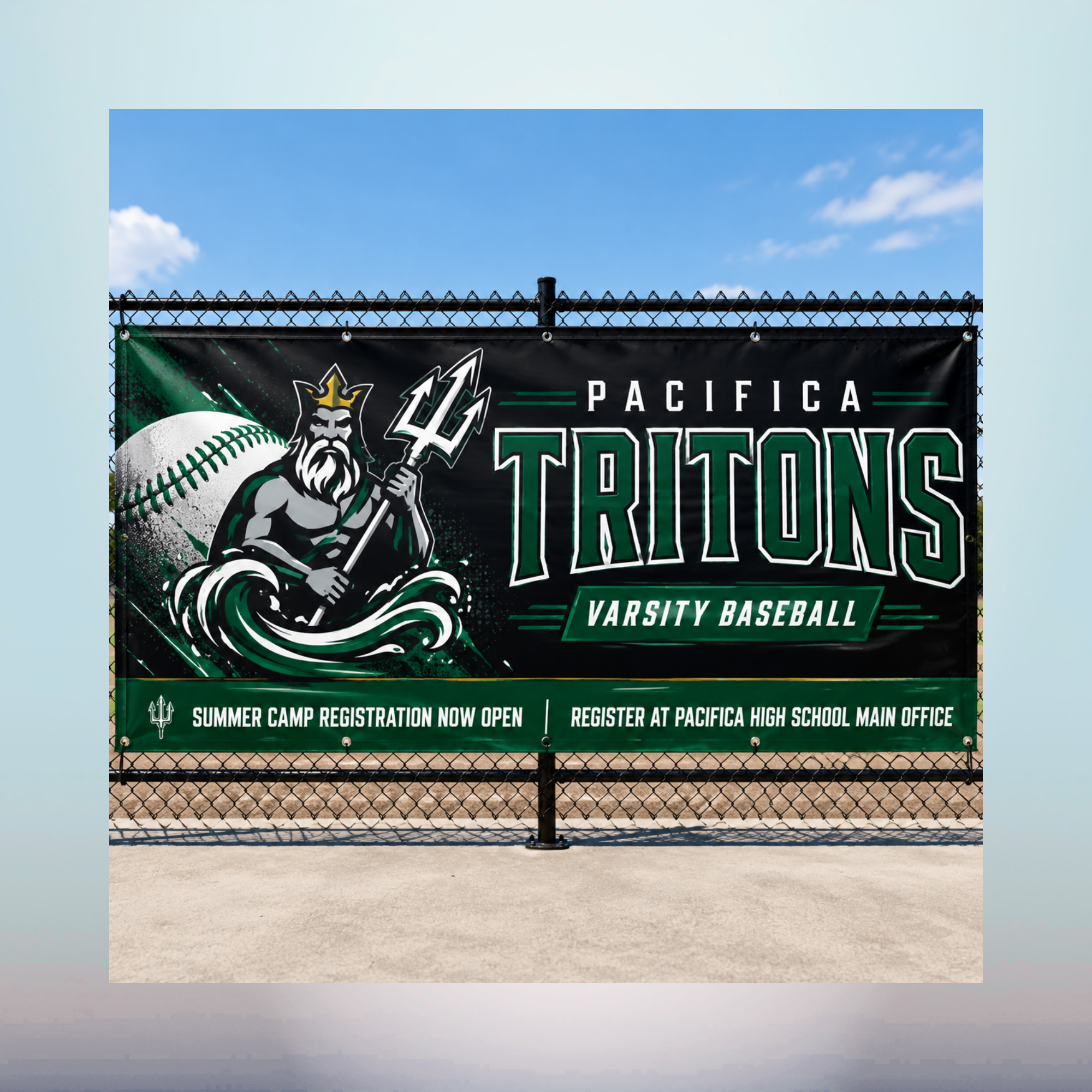 Pacifica Tritons Varsity Baseball Banner | Oxnard CA Pacifica Tritons varsity baseball custom banner displayed on an athletic field fence in Oxnard CA