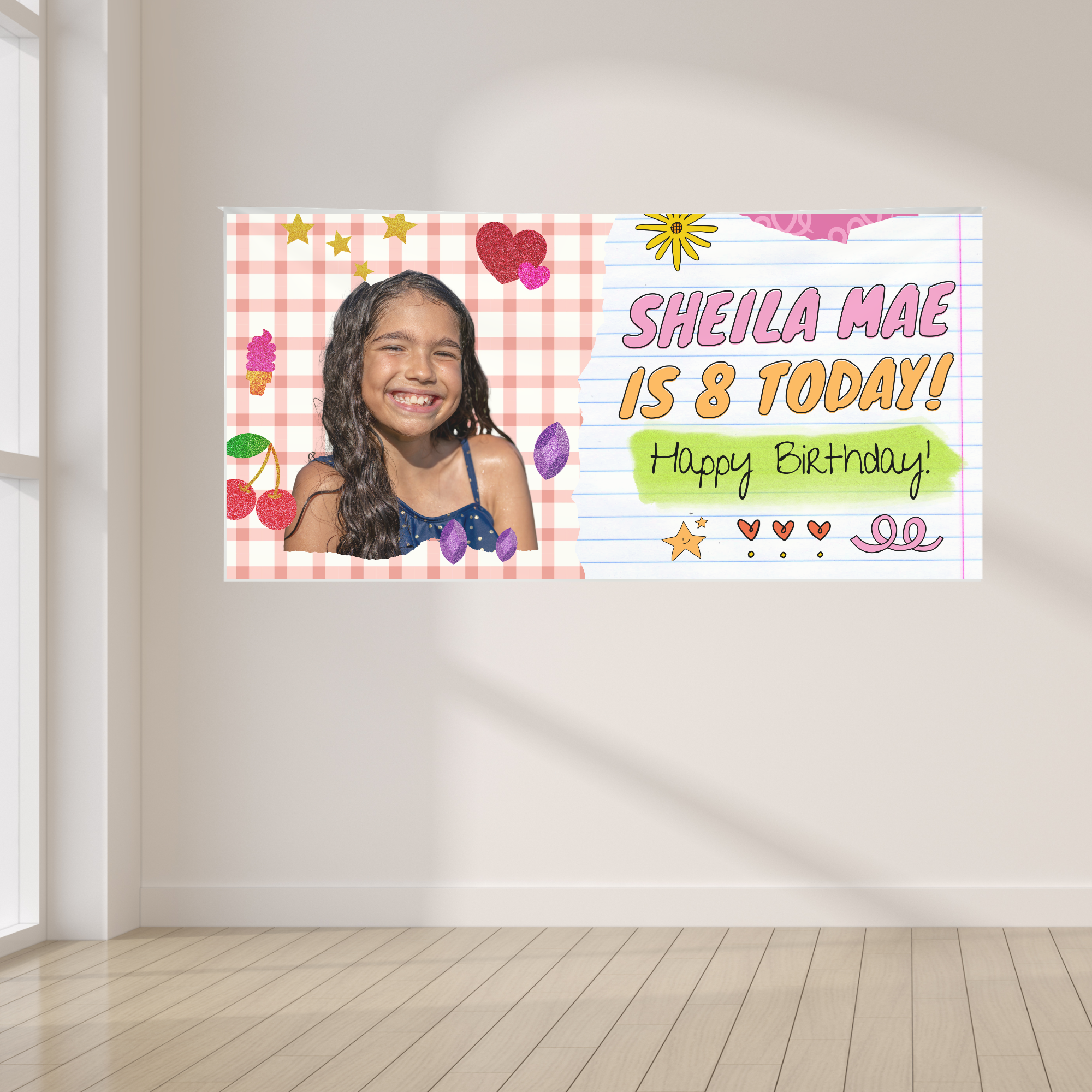 Personalized 4 x 8 girls birthday banner with photo, name, age and colorful scrapbook-style graphics