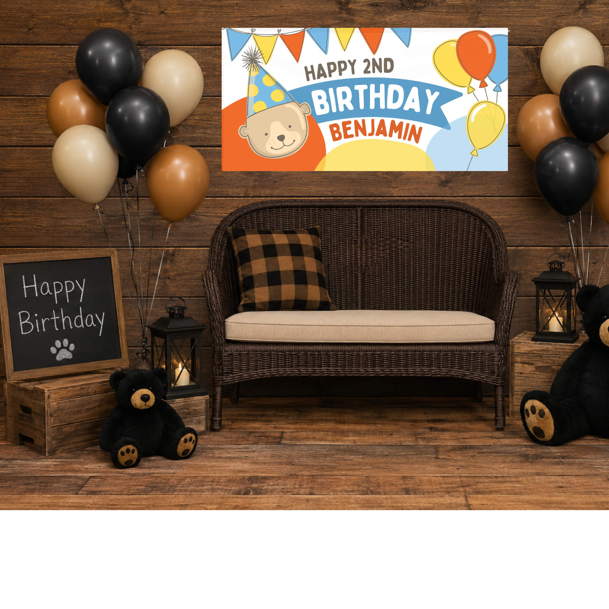 Personalized kids second birthday banner with bear, balloons, party hat and custom name
