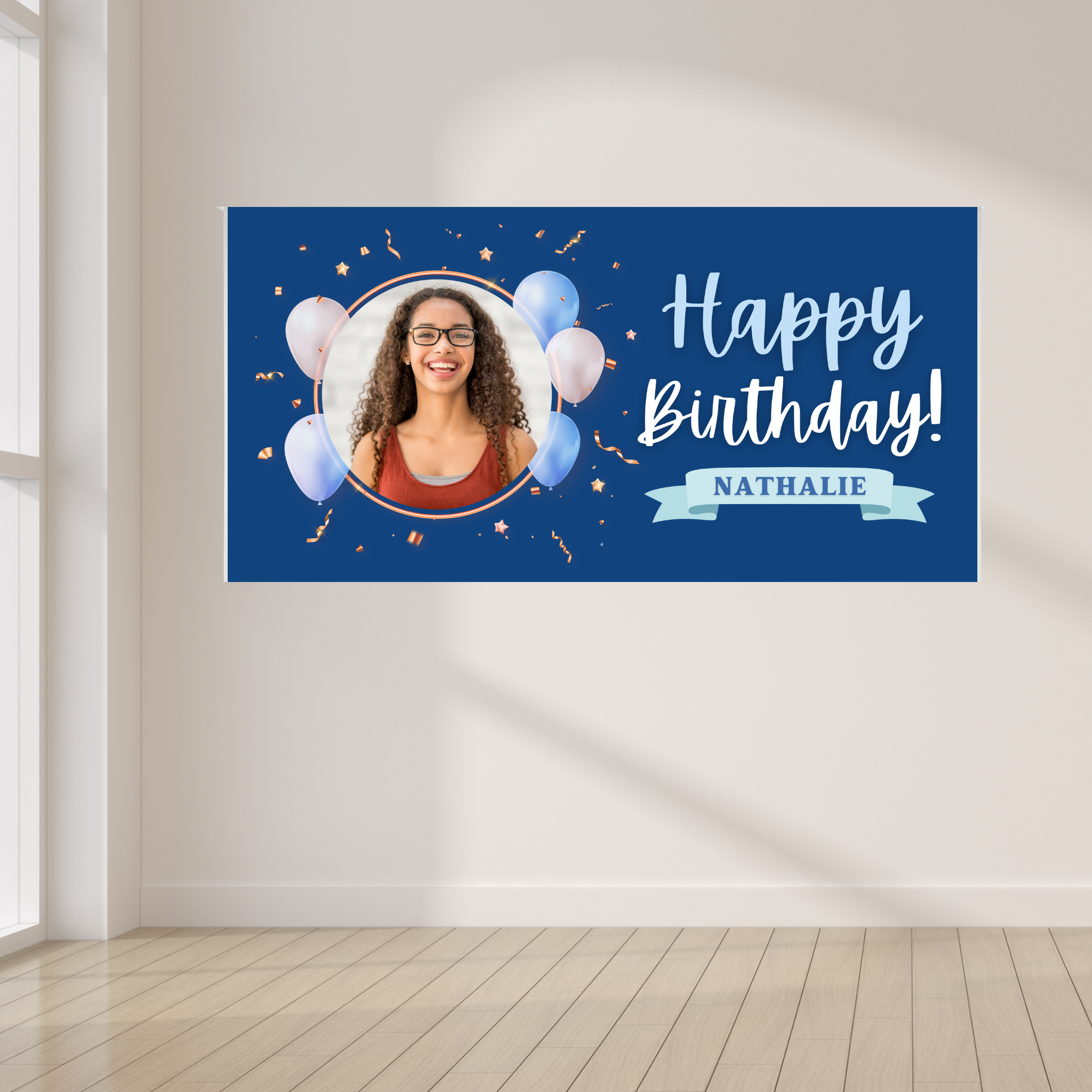 Custom blue 4 x 8 kids birthday banner with personalized photo, name, balloons and confetti
