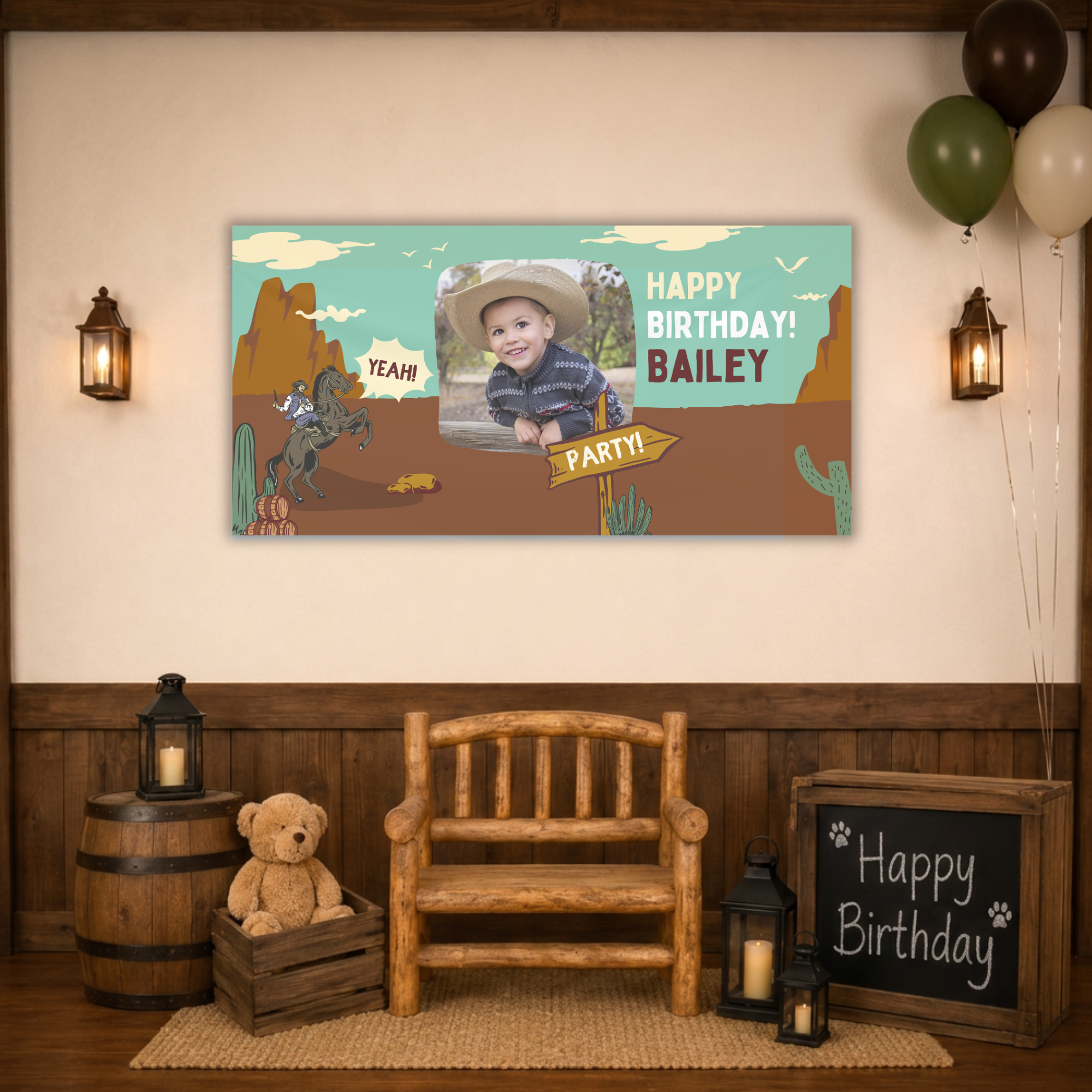 Custom 4 x 8 kids western birthday banner personalized with a child’s photo, name and cowboy party design