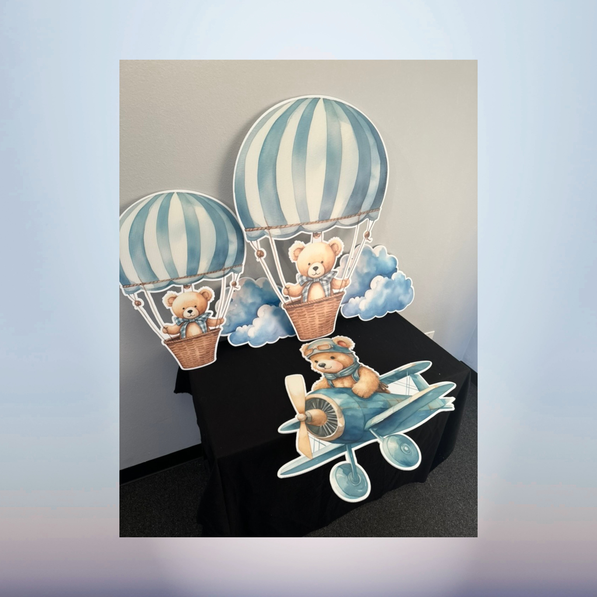 Teddy bear airplane and hot air balloon baby shower character cutout collection