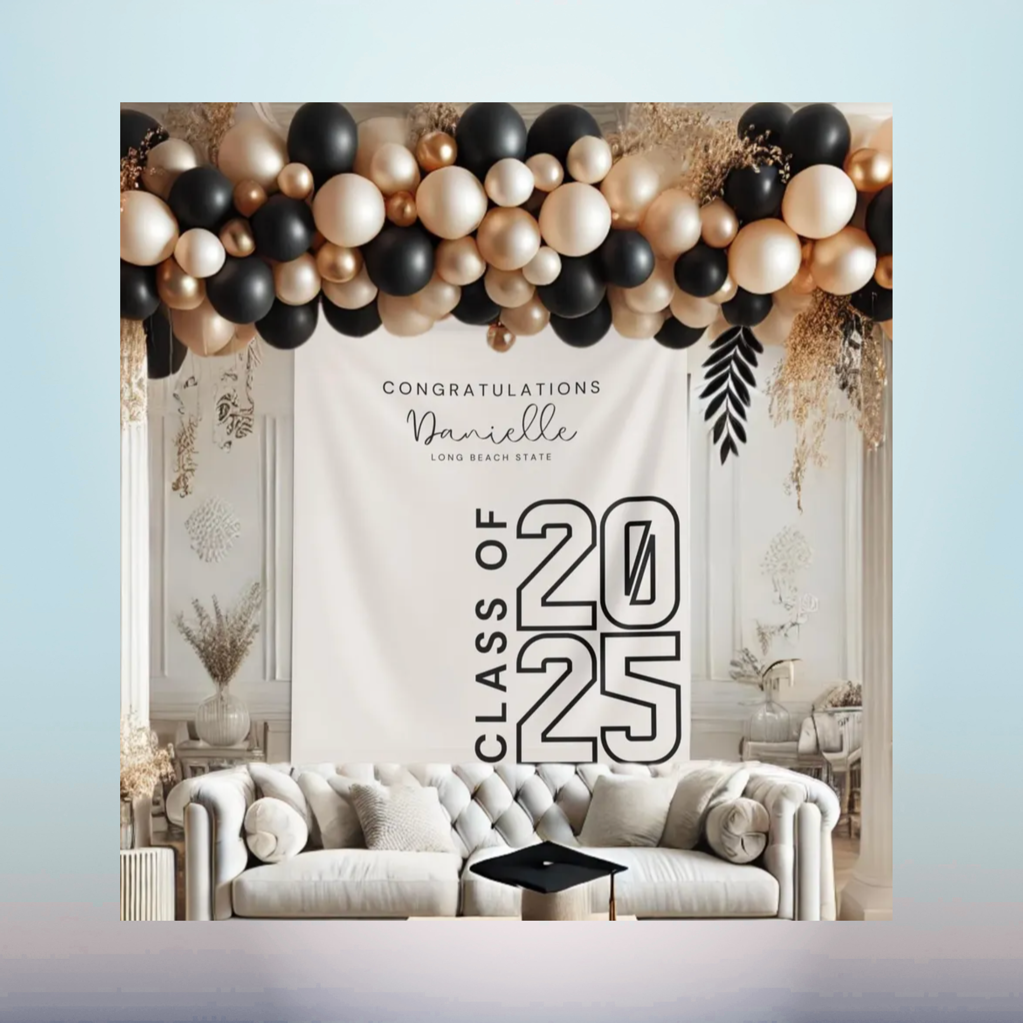 Custom Wrinkle-Resistant Polyester Banner Custom wrinkle-resistant polyester graduation backdrop displayed with black, gold and cream balloons.