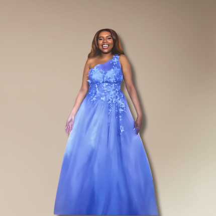 Custom life-size photo cutout standee of woman in blue dress for parties and special events