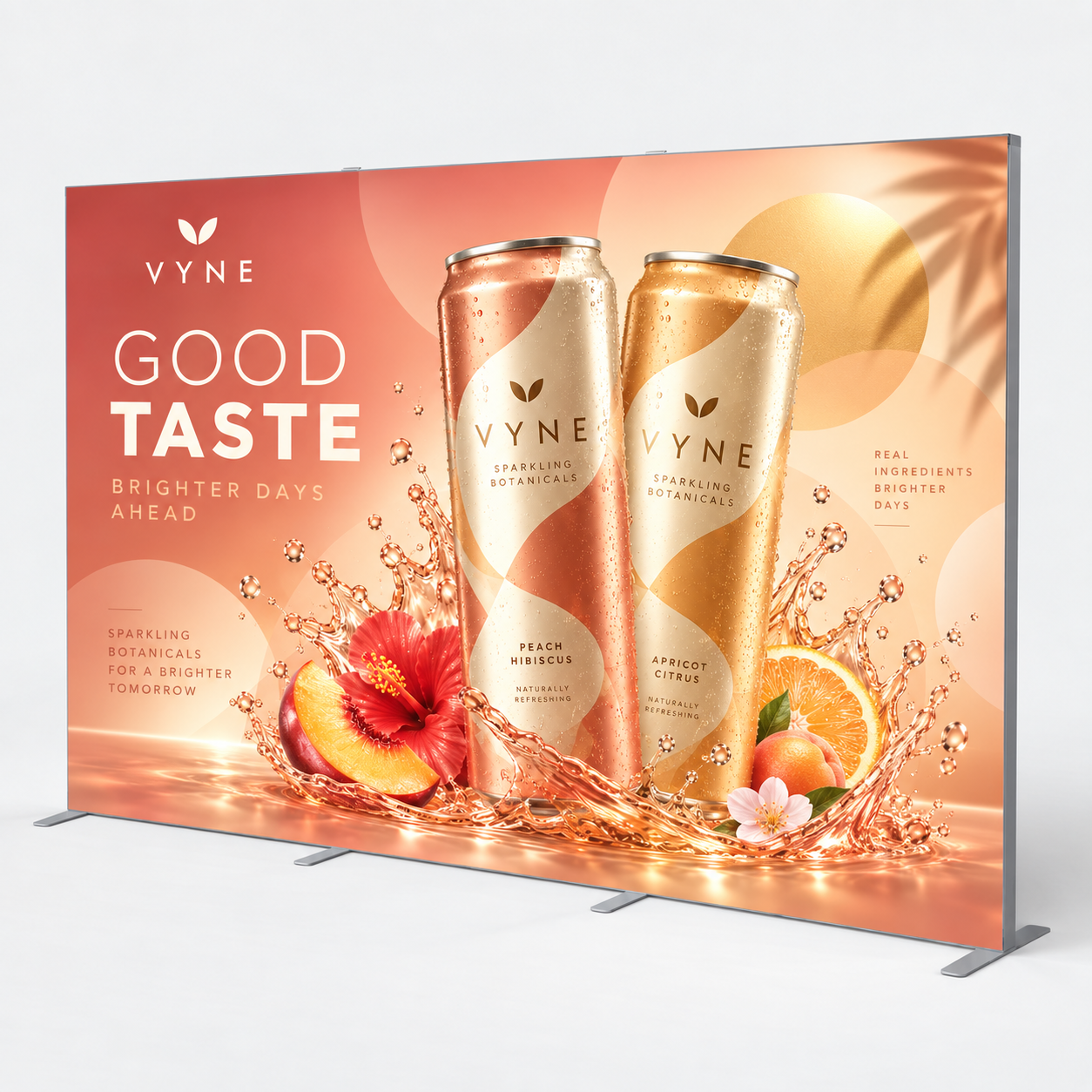 10 ft SEG Fabric Display – Single-Sided Front View 10 ft SEG fabric display with custom full-color peach beverage graphic and aluminum frame
