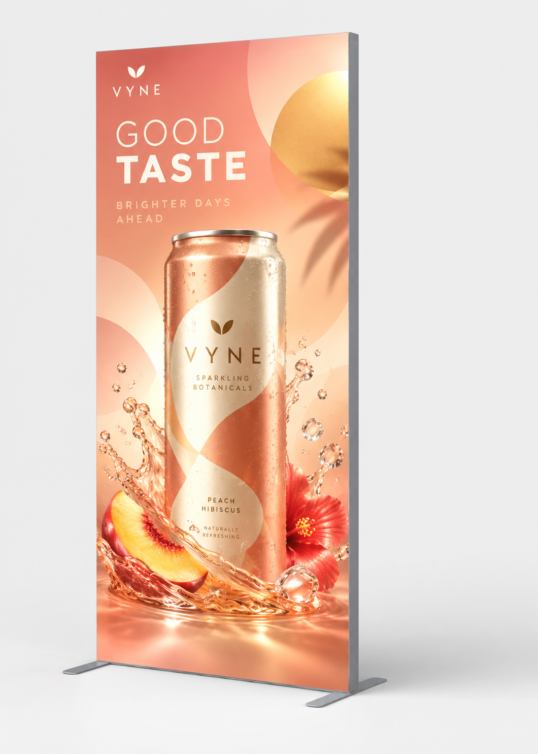 3 ft SEG Fabric Stand – Front View Front view of a 3 ft SEG fabric stand with peach beverage artwork and freestanding frame
