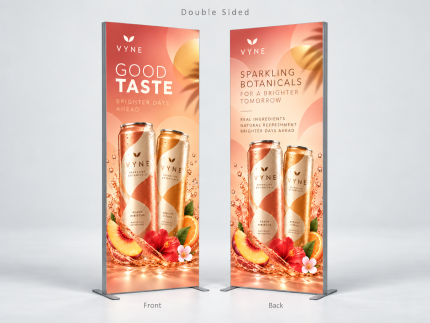 Front and back views of one 3 ft double-sided SEG fabric stand with peach-colored beverage artwork
