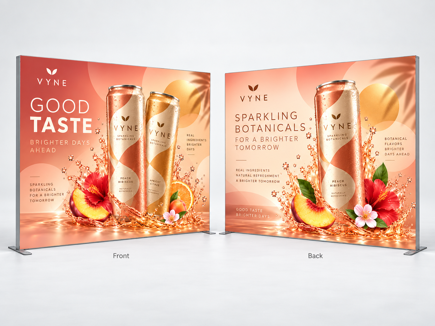 10 ft SEG Fabric Display – Double-Sided Front and Back 10 ft SEG fabric display front and back views with custom peach beverage graphics