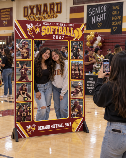 Custom OHS Girls Softball Senior Night Selfie Frame Displayed in The Oxnard High School Gym.