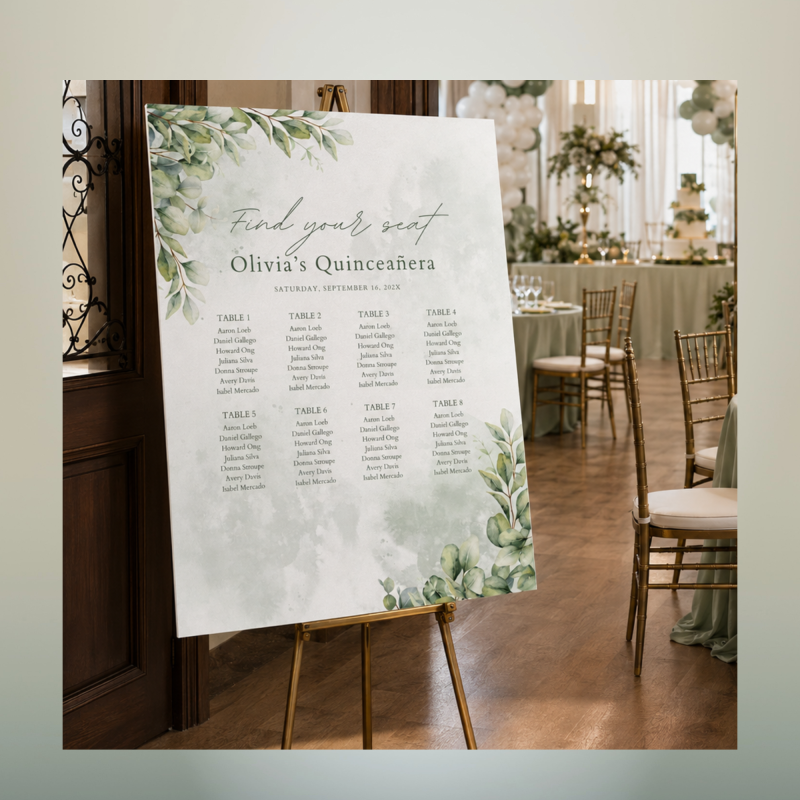 Custom eucalyptus Quinceañera find your seat chart displayed on an easel at an Oxnard reception