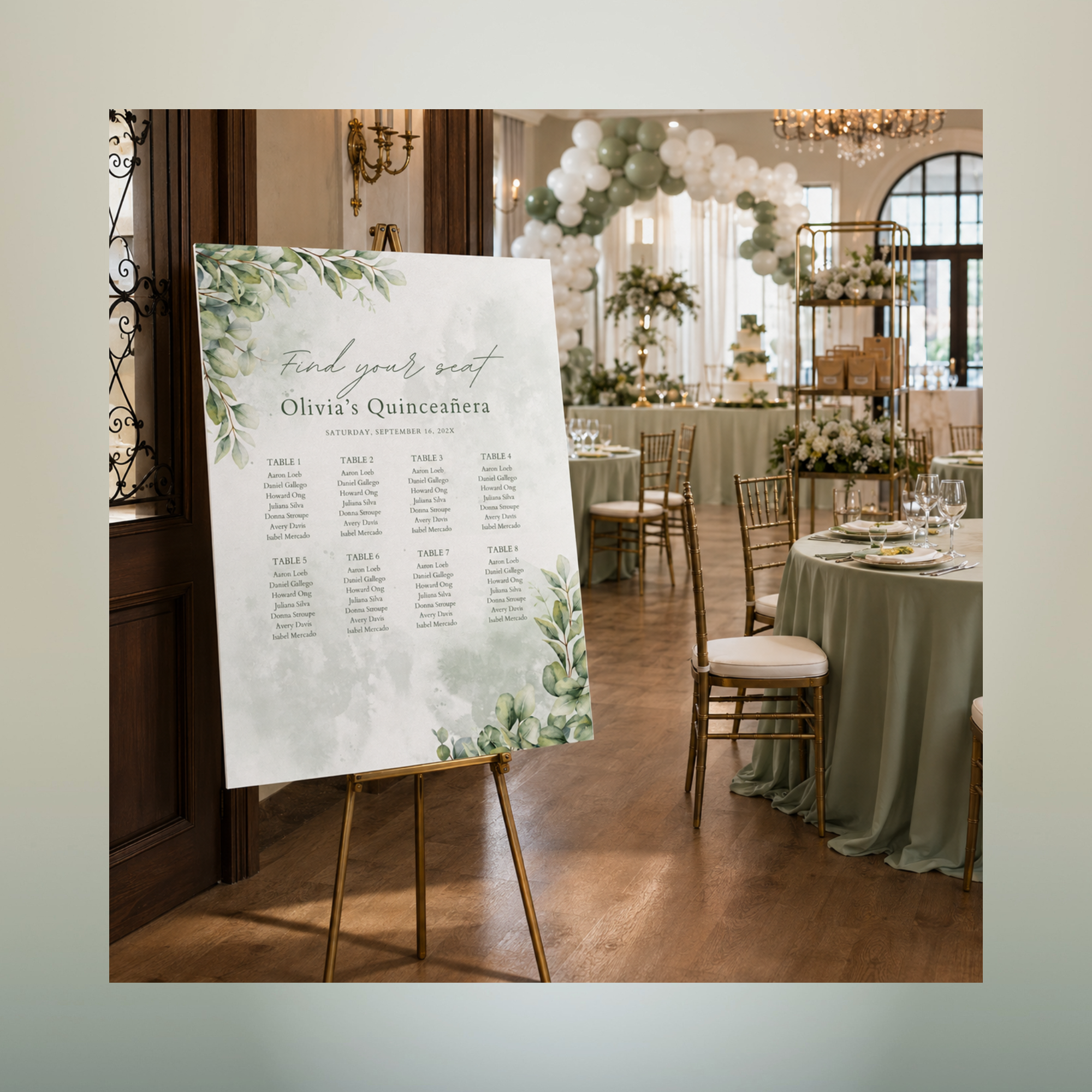 Find Your Seat Chart Oxnard Custom eucalyptus Quinceañera find your seat chart displayed on an easel at an Oxnard reception