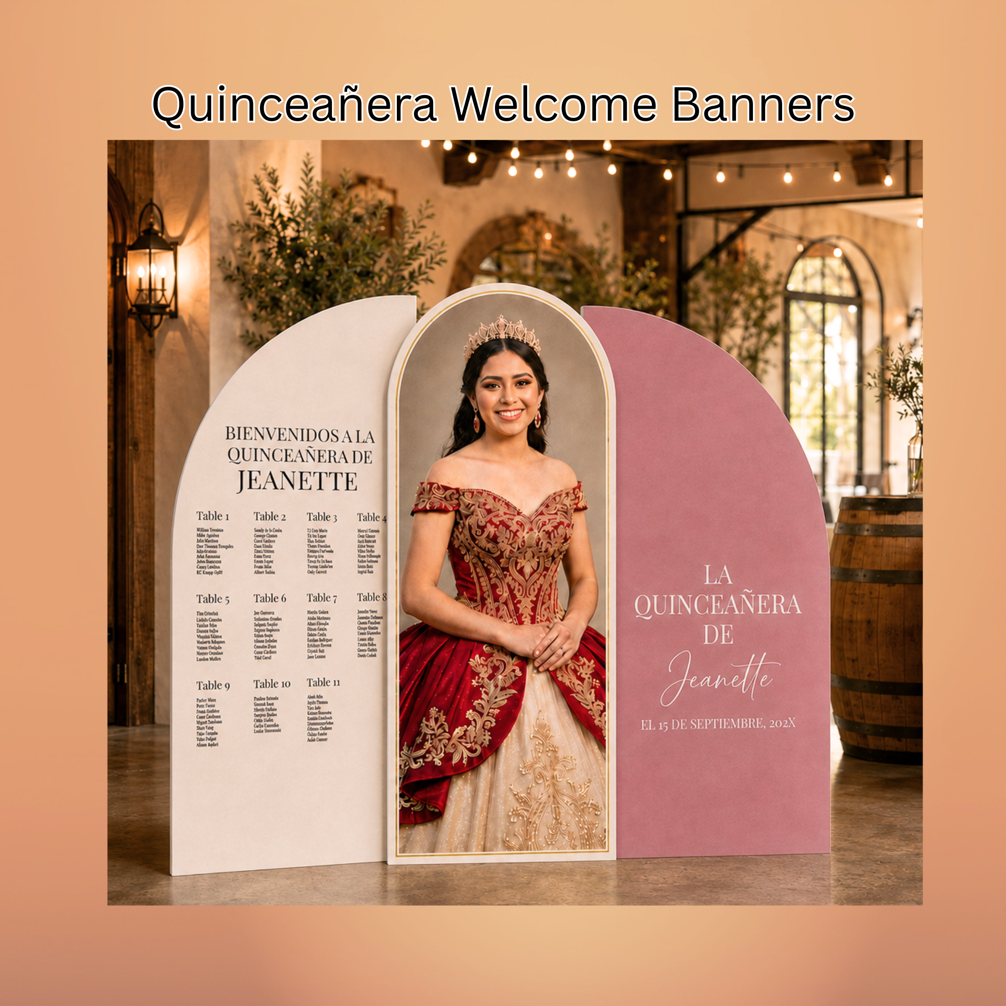 Quinceañera Welcome Banners Three-piece Quinceañera foam board backdrop set with seating chart, portrait and personalized name panel in Oxnard