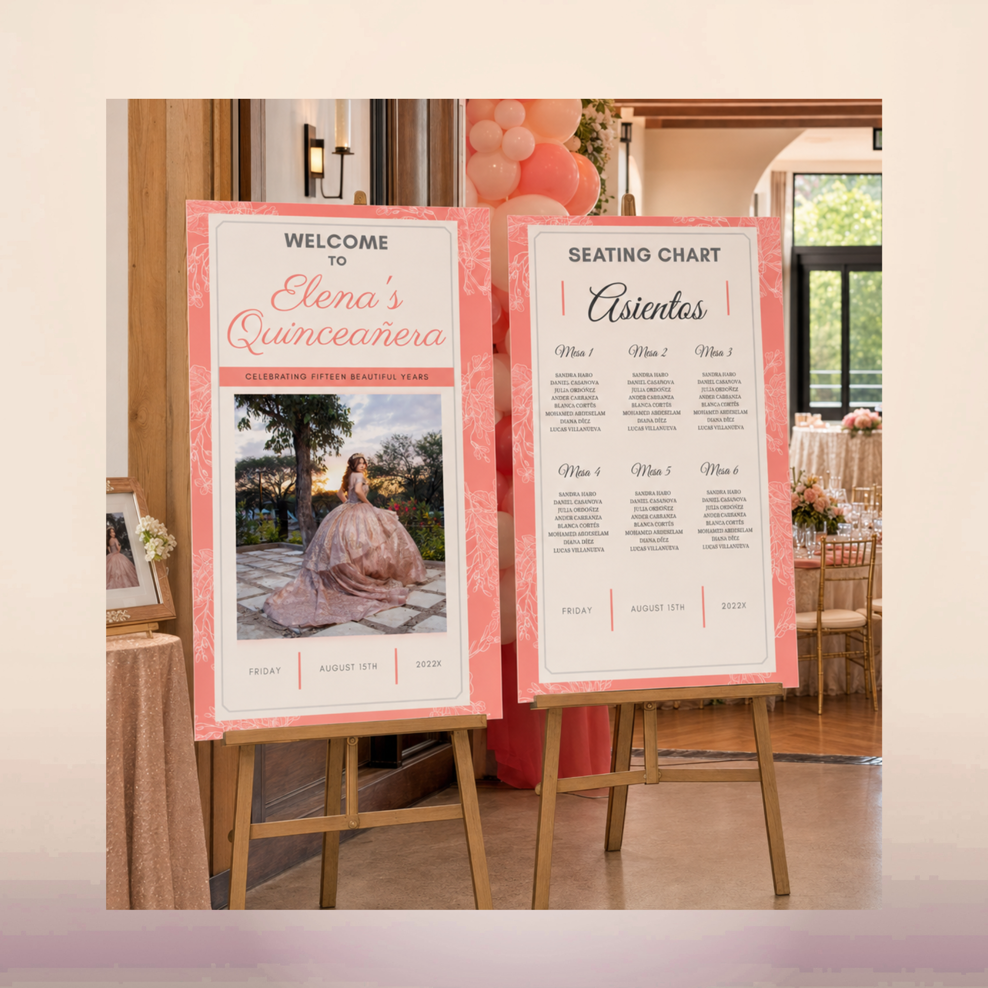 Quinceañera Welcome Sign Oxnard (1) Custom Quinceañera welcome sign and matching seating chart displayed on easels in Oxnard