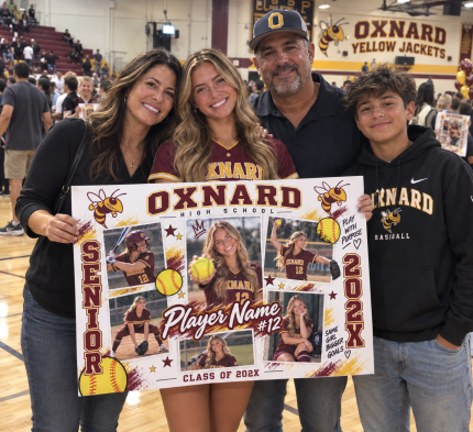 Four people holding an Oxnard High School softball photo collage board at an indoor school celebration.