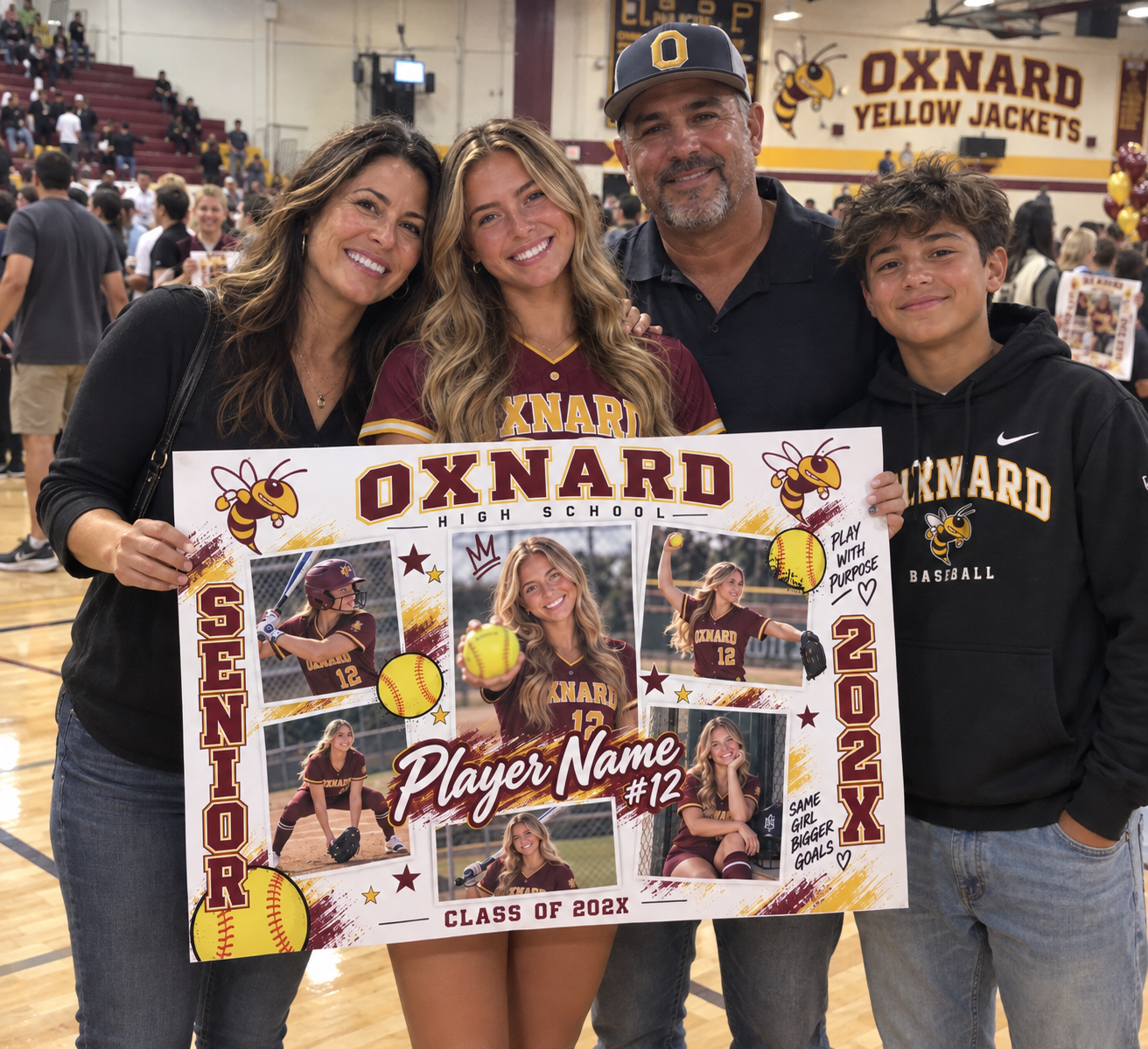 Oxnard High School Senior Night Softball Photo Board – Family Display Four people holding an Oxnard High School softball photo collage board at an indoor school celebration.