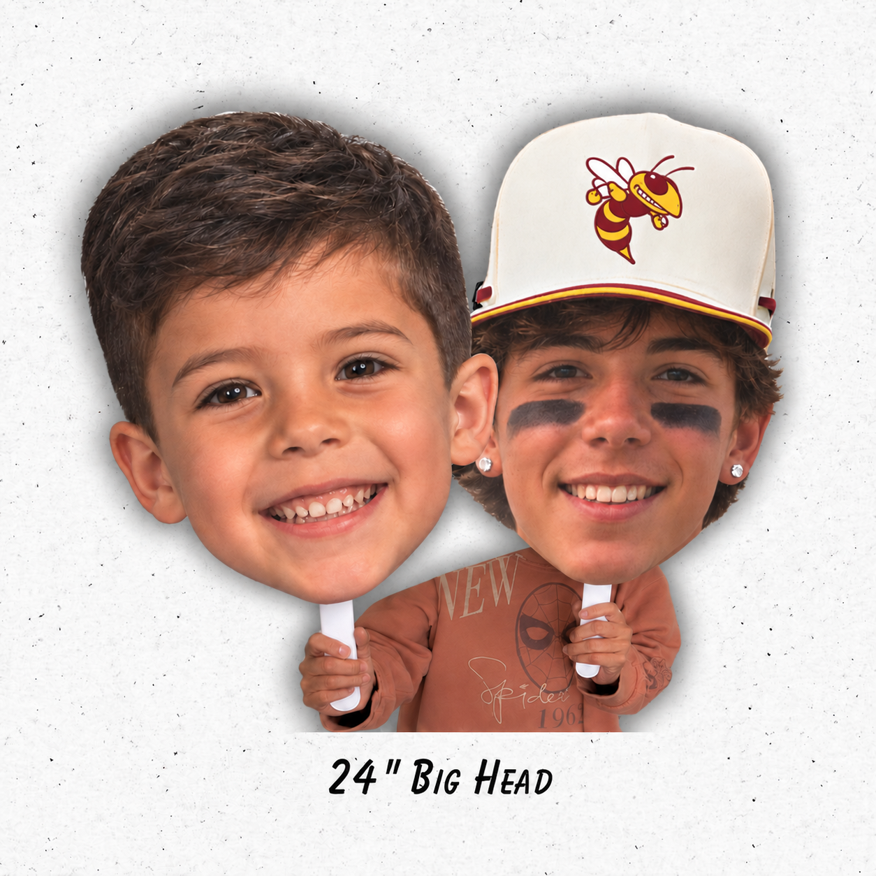 Oxnard High School Personalized Big Head Cutouts Two handheld big head photo cutouts, including a player wearing an Oxnard Yellowjackets cap, with a 24-inch Big Head label.