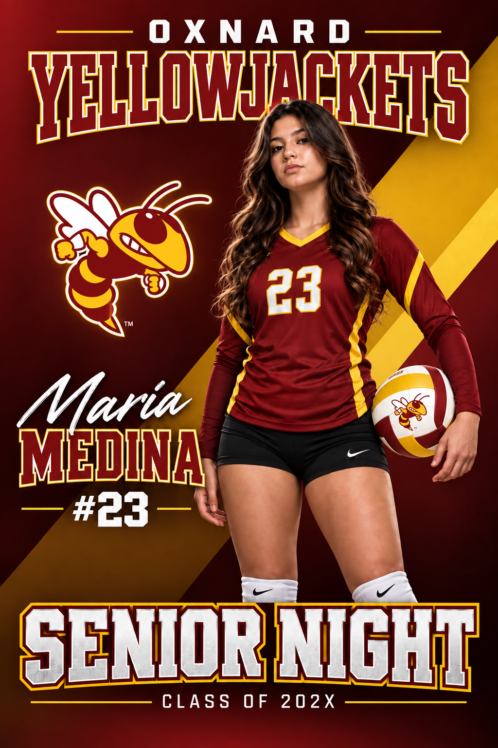 Oxnard High School Volleyball Senior Night Banner Dark red and gold Oxnard Yellowjackets Senior Night banner with volleyball player Maria Medina, number 23, holding a ball.