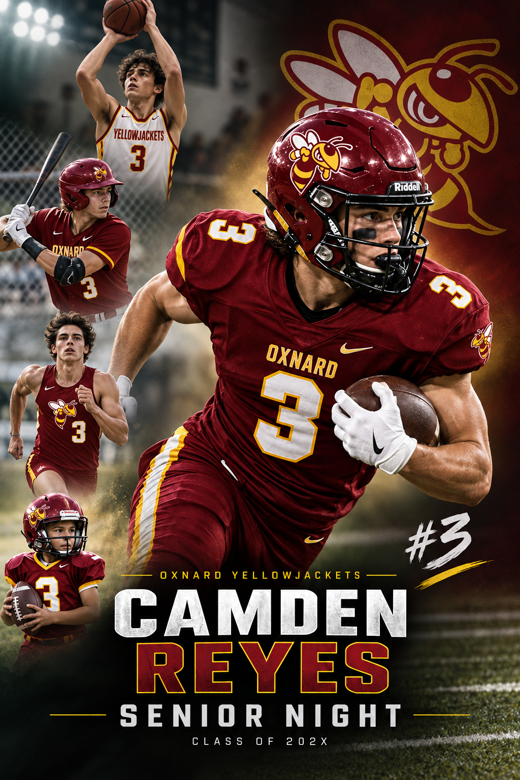 Oxnard High School Senior Night Sports Poster – Red Uniform Oxnard Senior Night photo collage with a football player in a red number 3 jersey, sports photos, and Camden Reyes name.