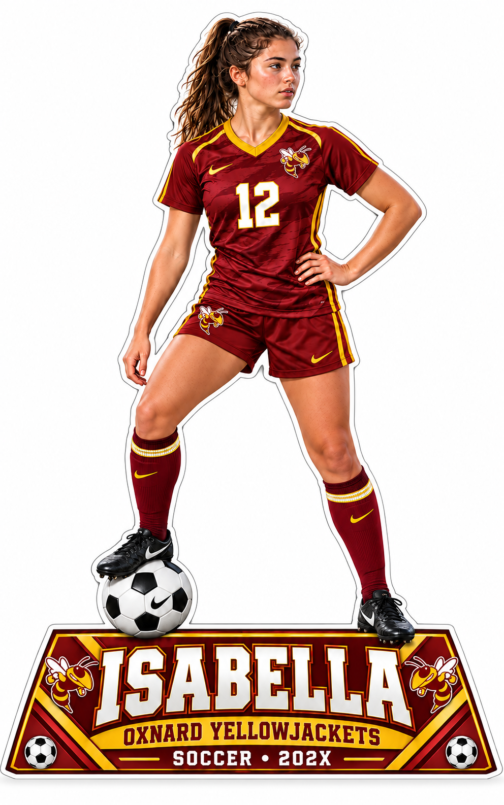 Oxnard High School Soccer Player Standee Full-body Oxnard soccer player cutout with one foot on a ball and a red and gold Isabella Yellowjackets base.