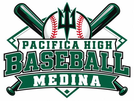 Pacifica High baseball yard sign with crossed bats, a baseball, green trident, and personalized Medina name.
