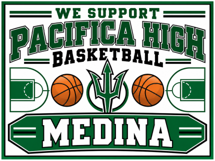 White Pacifica High basketball yard sign with two orange basketballs, court outlines, a trident, and the name Medina.
