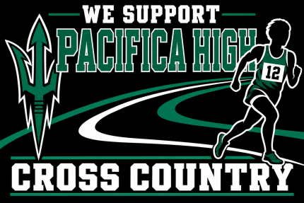 Black Pacifica High cross country support yard sign with a runner wearing number 12 and a large green trident.