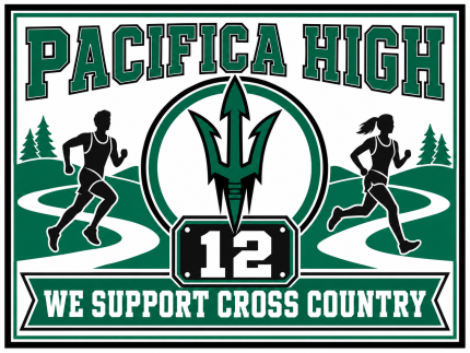 White Pacifica High cross country yard sign with two runners, winding trails, a trident, and number 12.