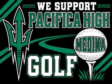 Black Pacifica High golf yard sign with a green trident and a golf ball on a tee personalized with Medina.