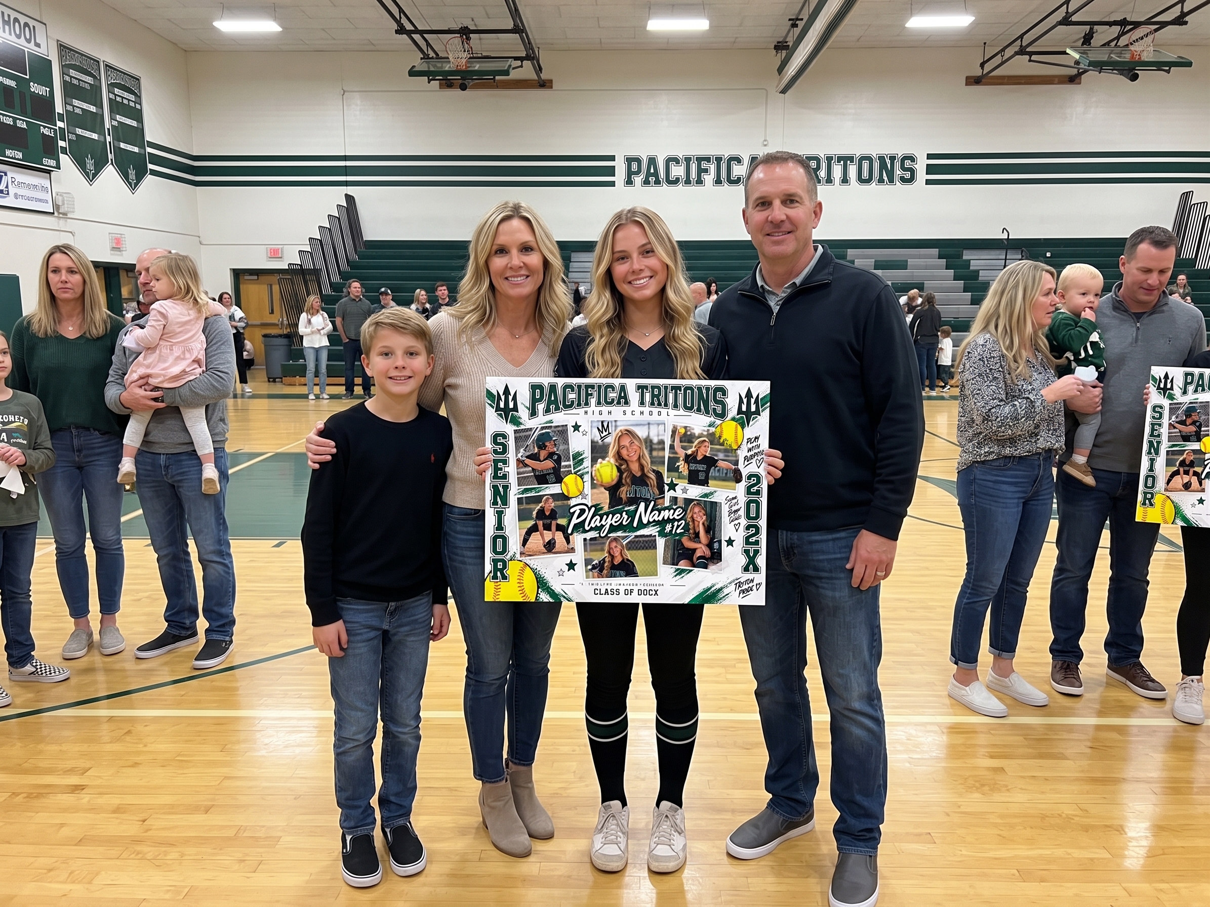 Pacifica Senior Night Softball Photo Collage Board — Oxnard Mockup of a Pacifica softball senior and family holding a green and white Tritons photo collage board.