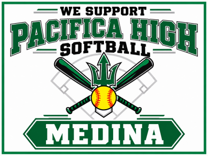 Pacifica High softball support yard sign with green lettering, crossed bats, and a trident on a white background.