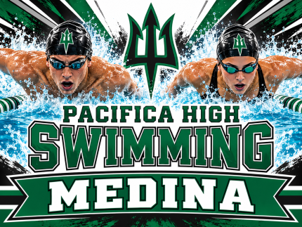 Pacifica High swimming yard sign with two swimmers, splashing water, green and black rays, and the name Medina.