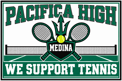 White Pacifica High tennis yard sign with crossed rackets, a yellow ball, court net, and personalized Medina name.