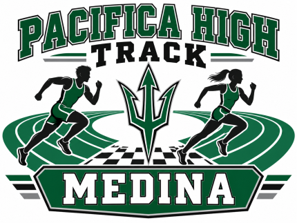 Pacifica High track yard sign with two runners, a green track, central trident, and personalized Medina name.