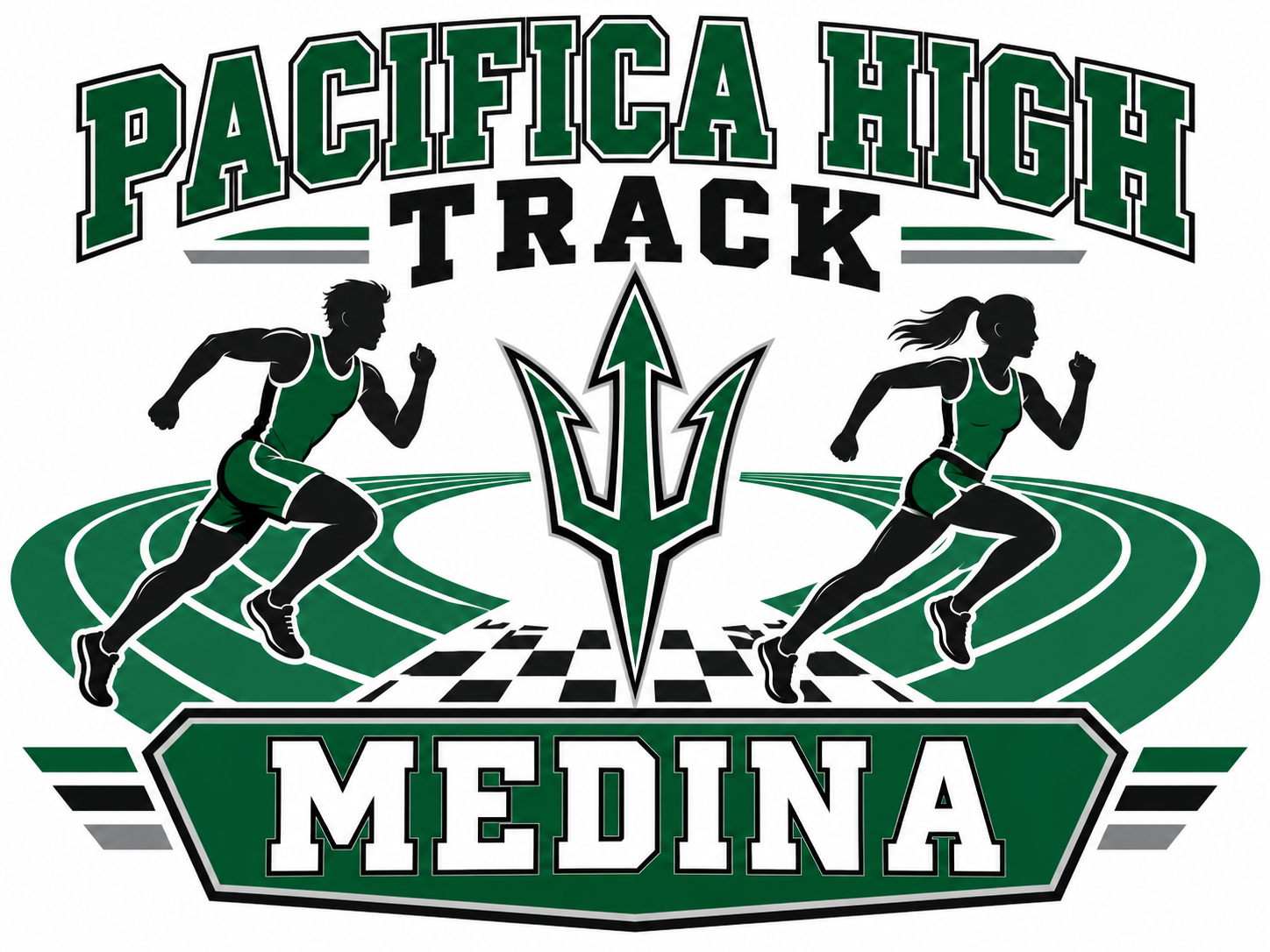 Pacifica High School Track Yard Sign – Personalized Runner Design Pacifica High track yard sign with two runners, a green track, central trident, and personalized Medina name.