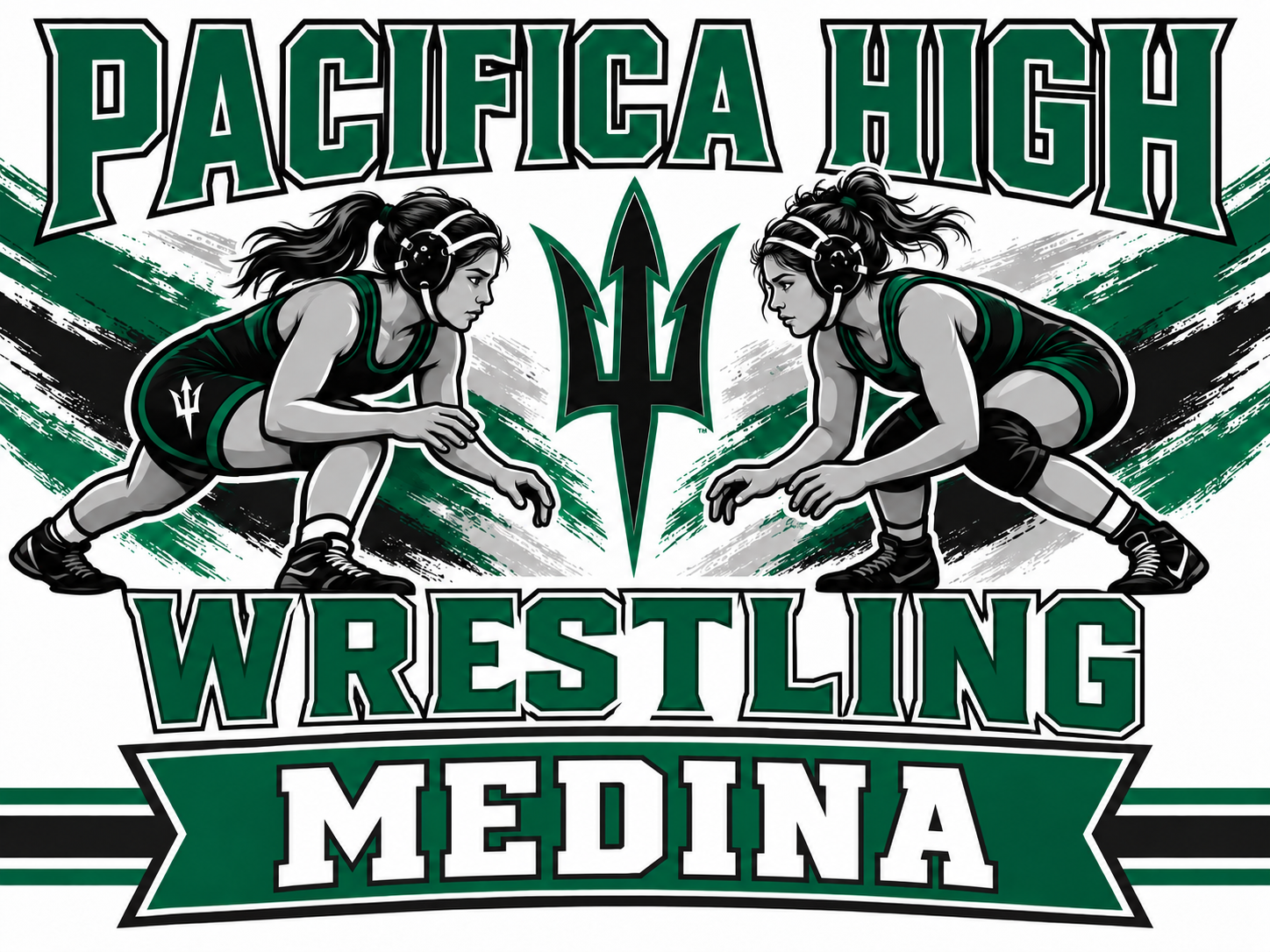 Pacifica High School Wrestling Yard Sign – Girls Wrestling Brushstroke Design Pacifica High wrestling yard sign with two illustrated female wrestlers, green brushstrokes, and the name Medina.