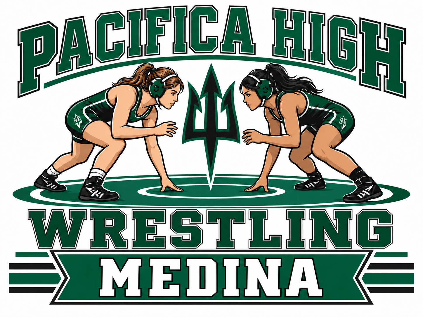 Pacifica High School Wrestling Yard Sign – Girls Wrestling Mat Design Pacifica High wrestling yard sign with two illustrated female wrestlers on a green mat and the personalized name Medina.