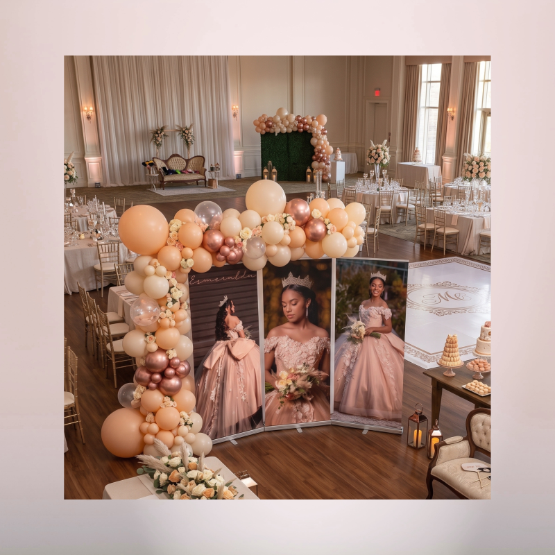 3-piece Quinceañera retractable banner set with coordinated full-length and close-up portraits printed in Oxnard