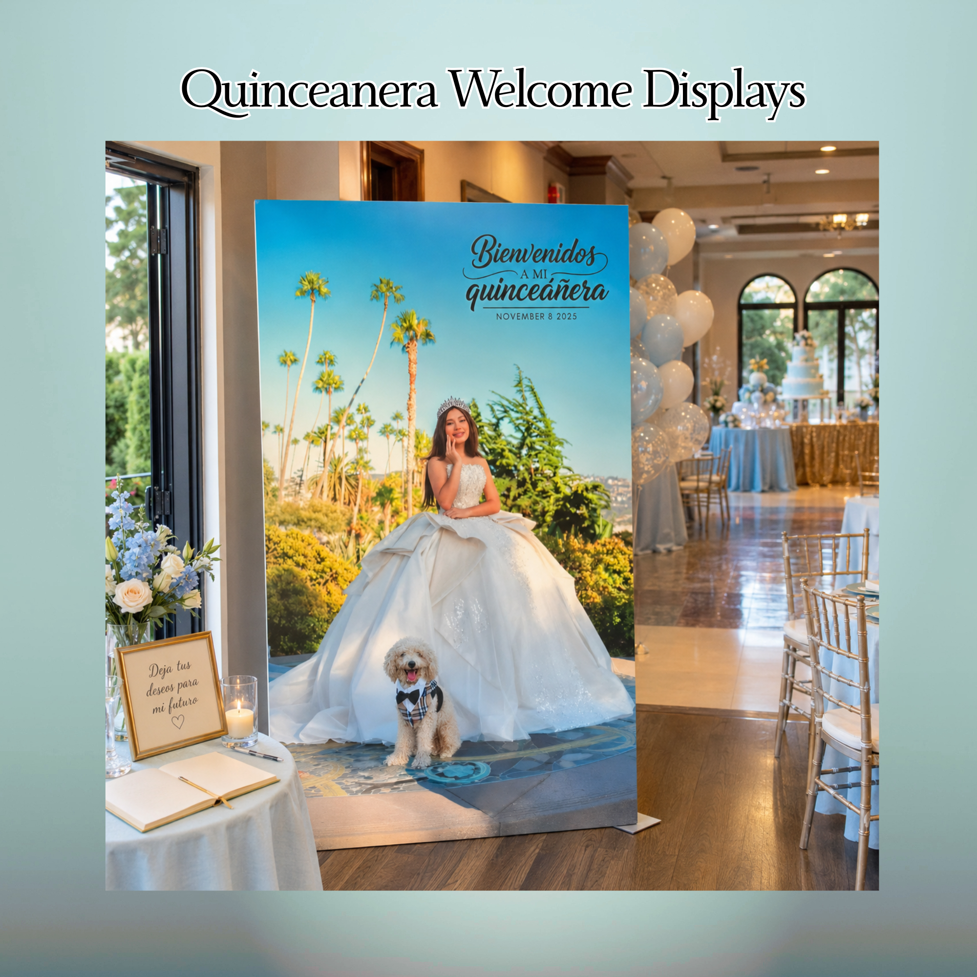 Personalized Quinceañera photo display with full-length portrait at a Ventura County reception